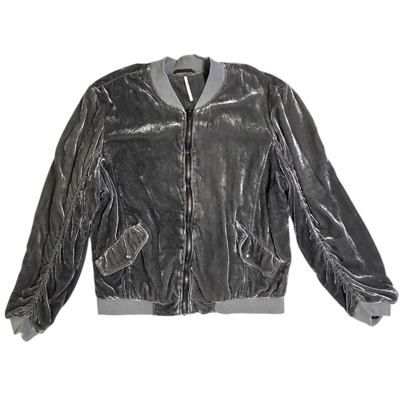 Free People Ruched Velvet Bomber Jacket Gray Zip-Up Size L - Picture 3 of 16